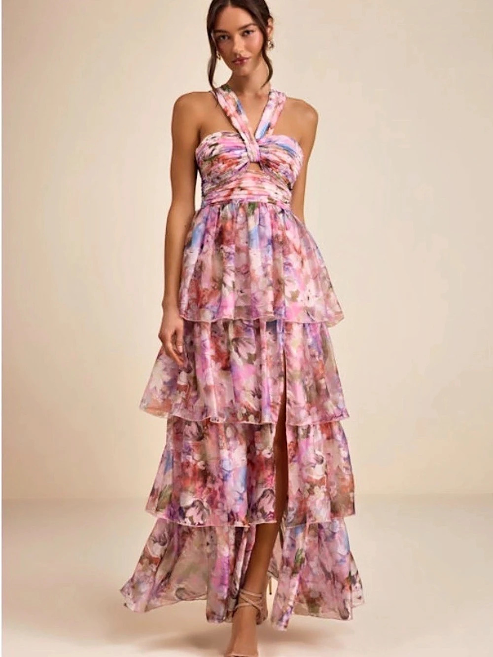 Lulu Floral Chiffon Tiered Ruffle Gown Pink & Purple